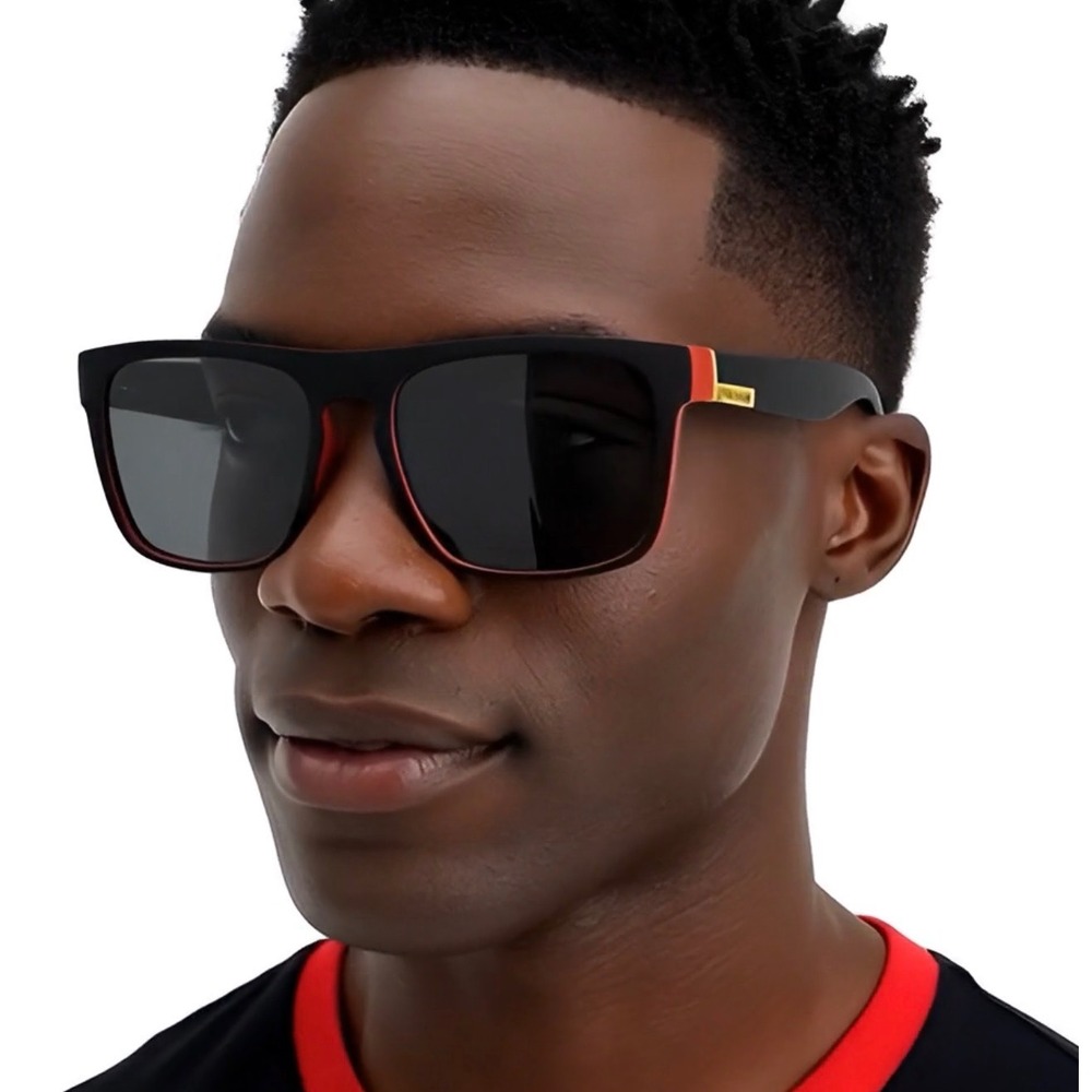 Mens Polarized Sunglasses Black Red Frame Sporty Style Wrap Around UV Protection